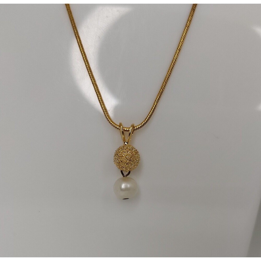 PH Gold Tone Necklace Faux Pearl Pendant Women Adjustable Chain Textured 20in 1x